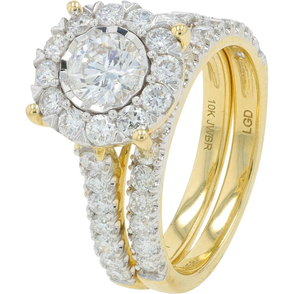 10K Yellow Gold 2 Carat Center Lab Grown Diamond Bridal Set with Halo and Pavé Diamond Band