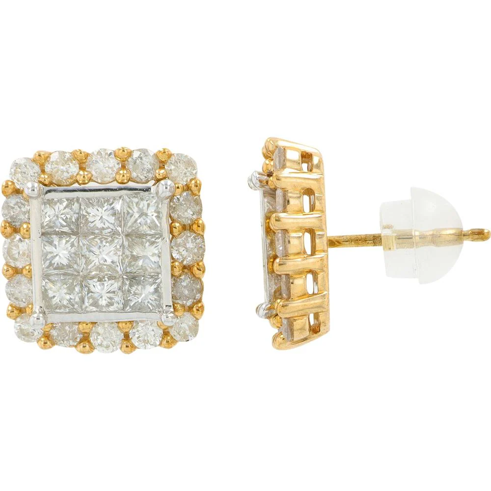 10K Yellow Gold 2 Carat Diamond Cluster Stud Earrings with Princess and Round Diamond Halo - 2.00 Carat Total Diamond Weight - Image 2