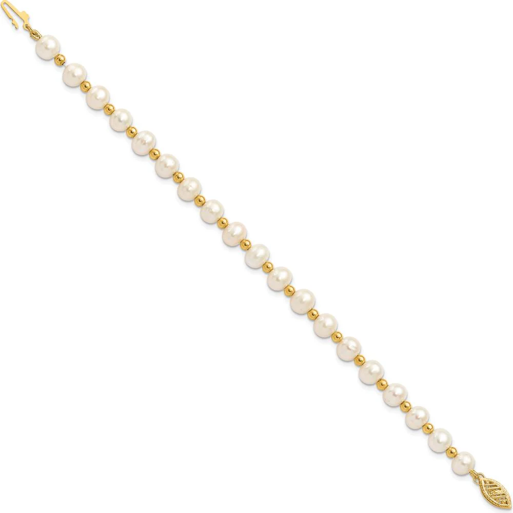 10K Yellow Gold 7" Freshwater Cultured Pearl Beaded Bracelet with Near Round Pearls - 6-7mm by Oro Pregiato - Image 2