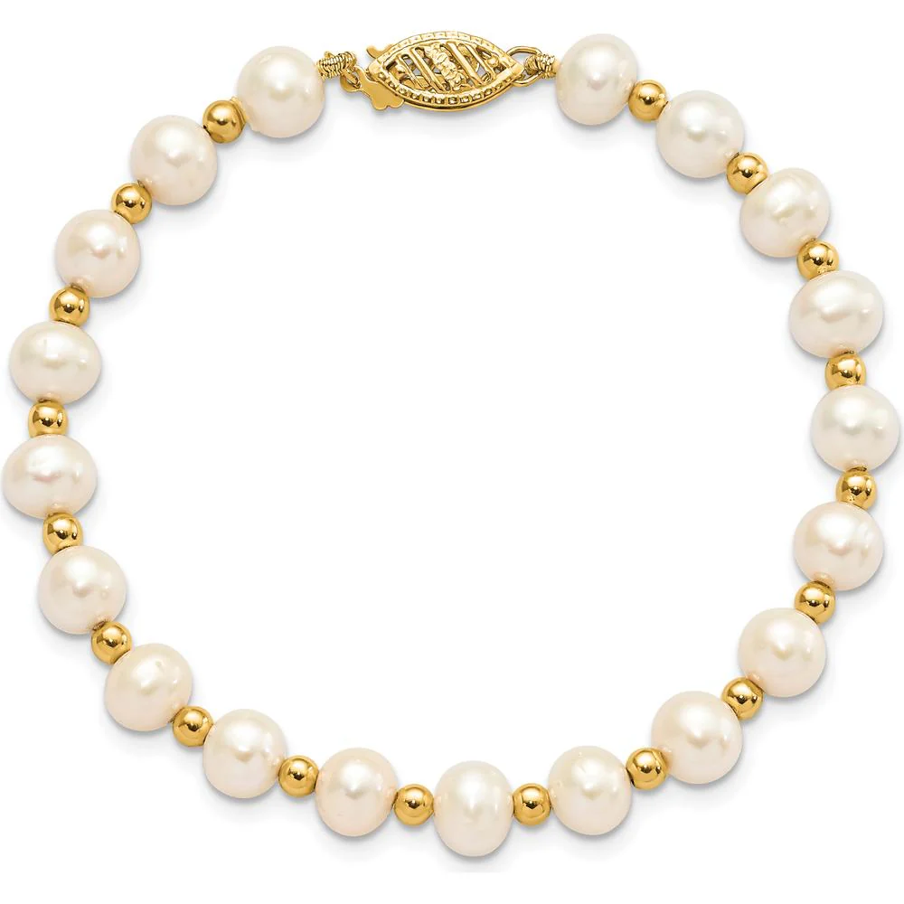 10K Yellow Gold 7" Freshwater Cultured Pearl Beaded Bracelet with Near Round Pearls - 6-7mm by Oro Pregiato - Image 3