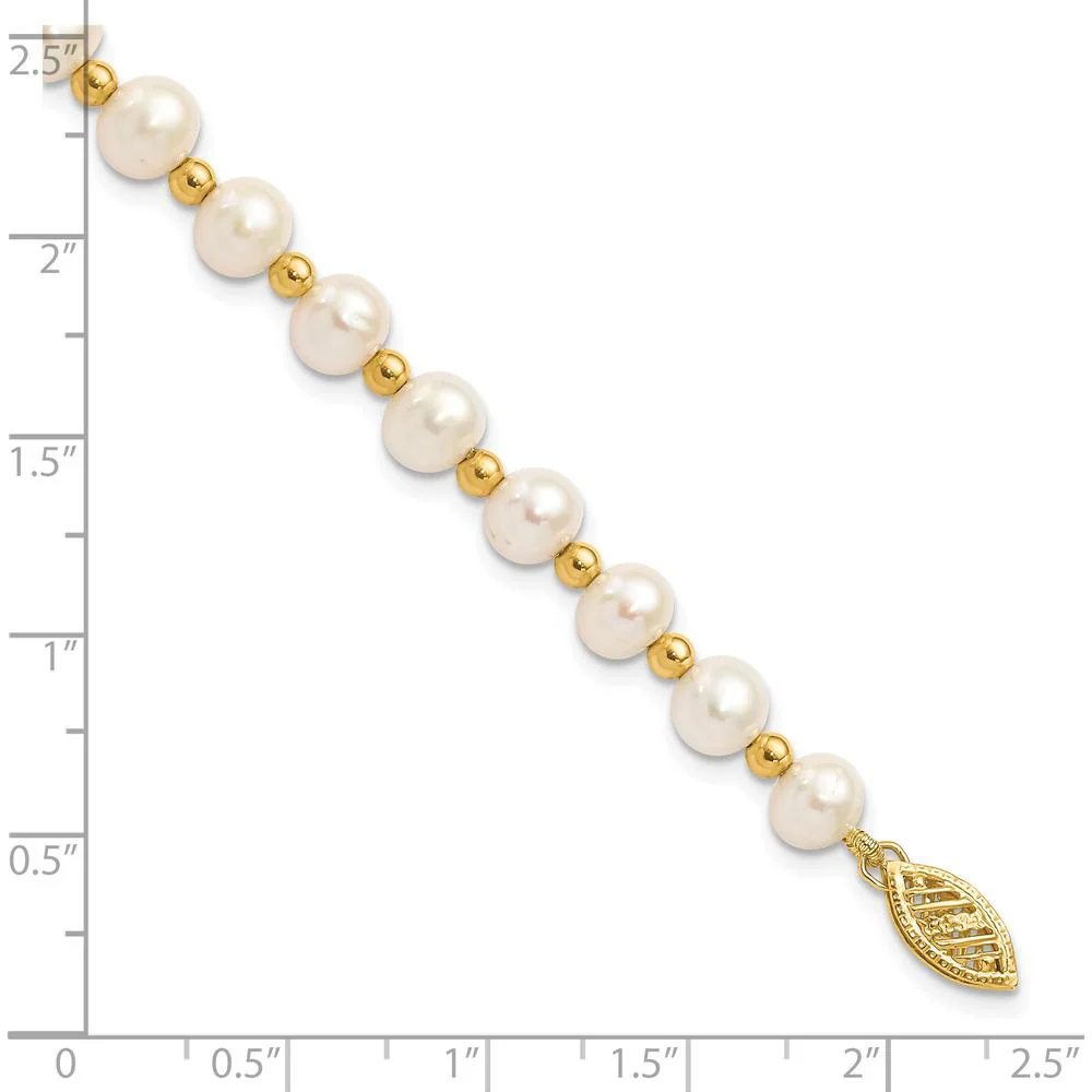 10K Yellow Gold 7" Freshwater Cultured Pearl Beaded Bracelet with Near Round Pearls - 6-7mm by Oro Pregiato - Image 4