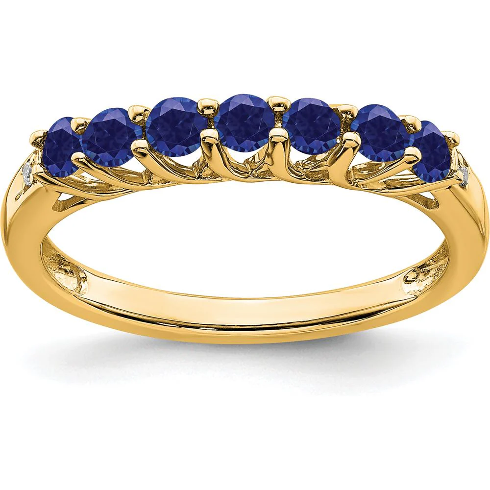 10K Yellow Gold Created Sapphire and Diamond 7-Stone Band Ring - 0.09 Carat Total Sapphire Weight, 0.012 Carat Total Diamond Weight - Size 7 by Oro Pregiato