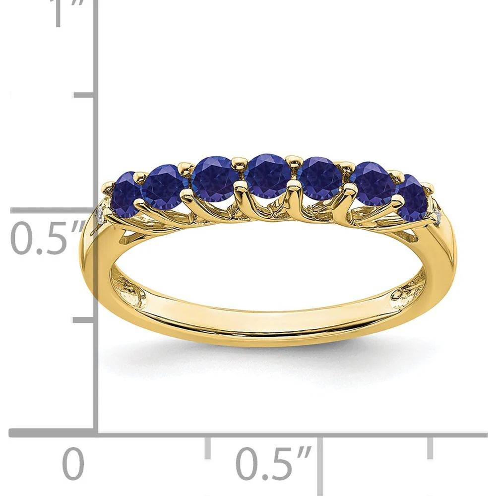 10K Yellow Gold Created Sapphire and Diamond 7-Stone Band Ring - 0.09 Carat Total Sapphire Weight, 0.012 Carat Total Diamond Weight - Size 7 by Oro Pregiato - Image 2