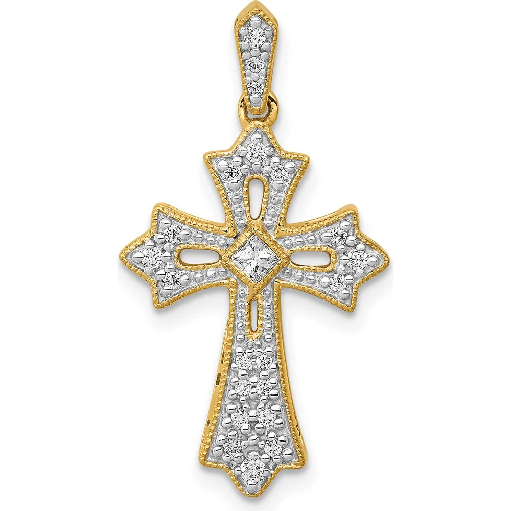10K Yellow Gold Diamond Fleur de Lis Cross Pendant - 1/6 Carat Total Diamond Weight by Oro Pregiato