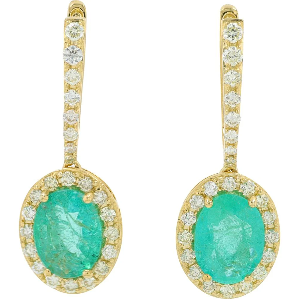 10K Yellow Gold Drop Earrings with 2.50 Carat Oval Emeralds and 0.50 Carat Halo Diamonds