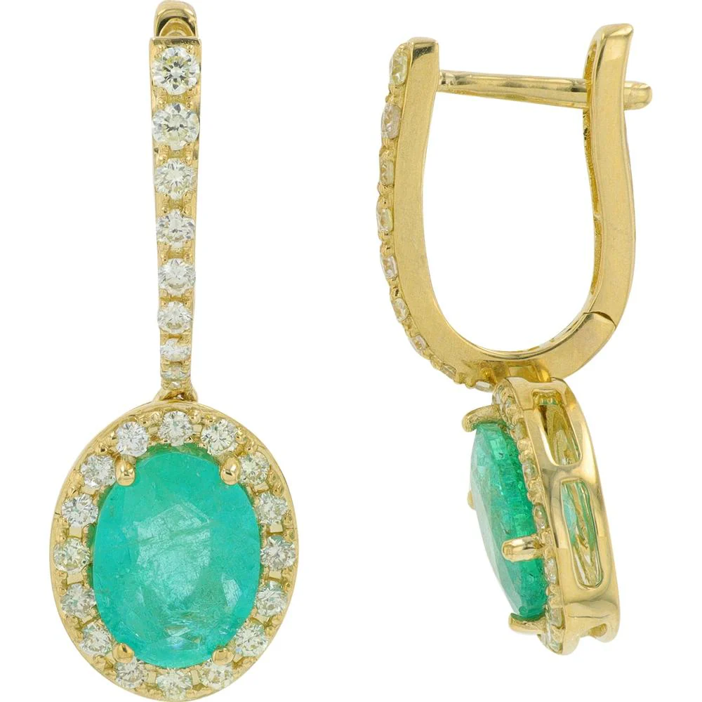 10K Yellow Gold Drop Earrings with 2.50 Carat Oval Emeralds and 0.50 Carat Halo Diamonds - Image 2
