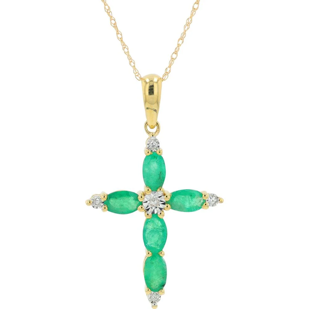 10K Yellow Gold Emerald and Diamond Cross Pendant - 0.03 Carat Total Diamond Weight