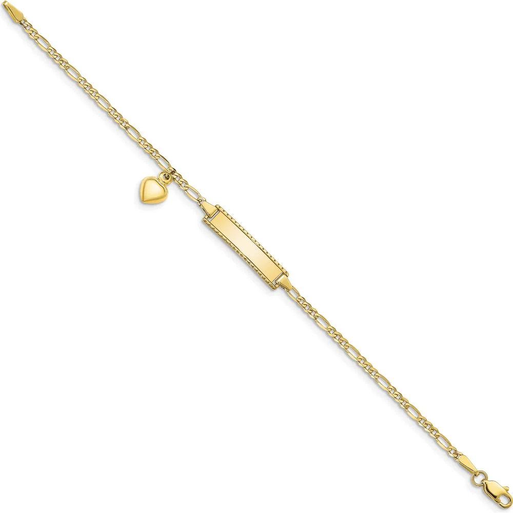 10K Yellow Gold Figaro Link ID Bracelet with Heart Charm - 6 Inch by Oro Pregiato - Image 2
