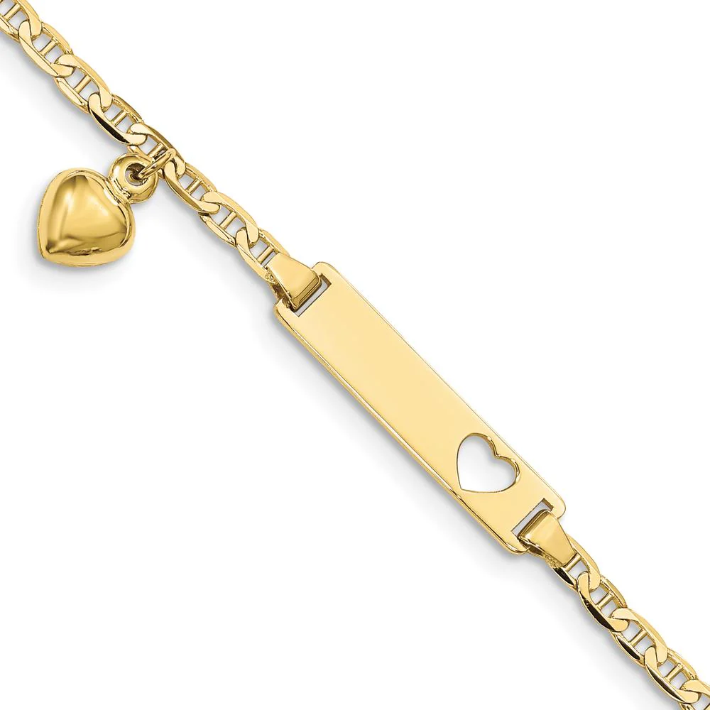 10K Yellow Gold Flat Anchor Link ID Bracelet with Heart Charm - Personalized, 6" Length by Oro Pregiato