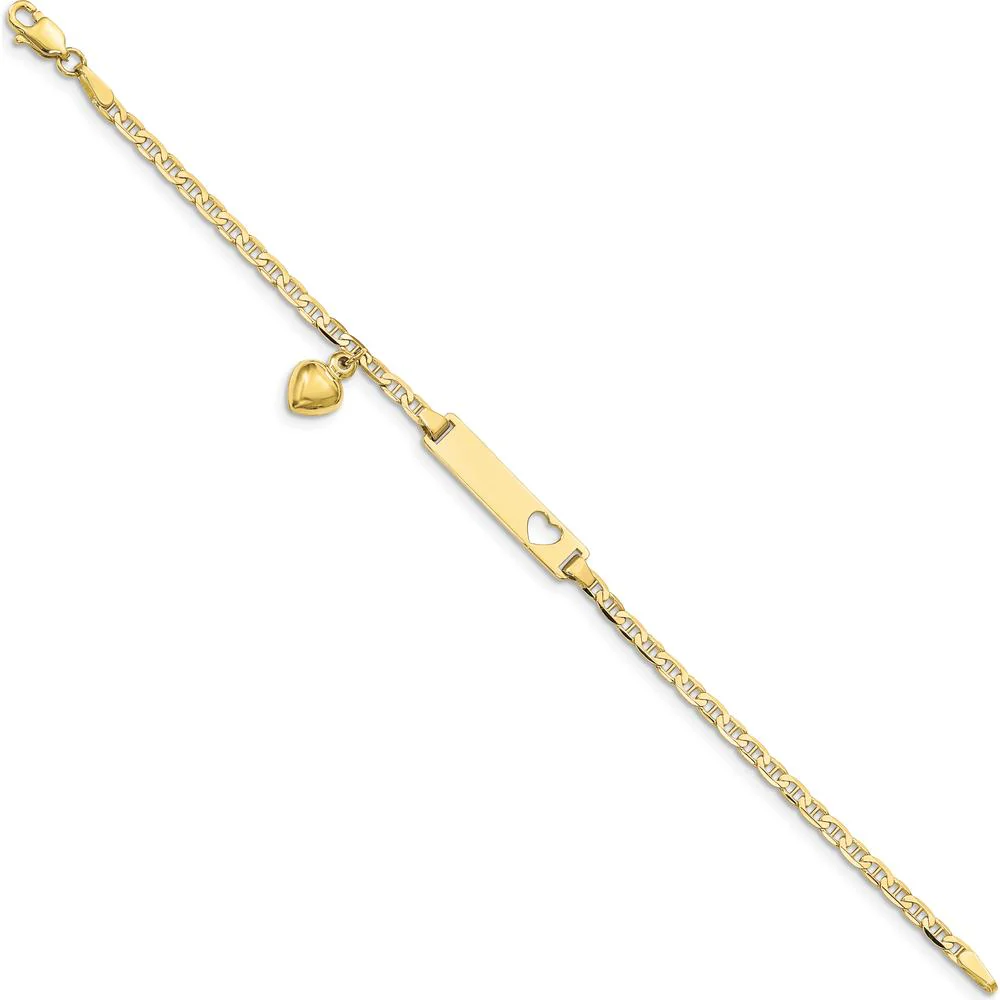 10K Yellow Gold Flat Anchor Link ID Bracelet with Heart Charm - Personalized, 6" Length by Oro Pregiato - Image 2