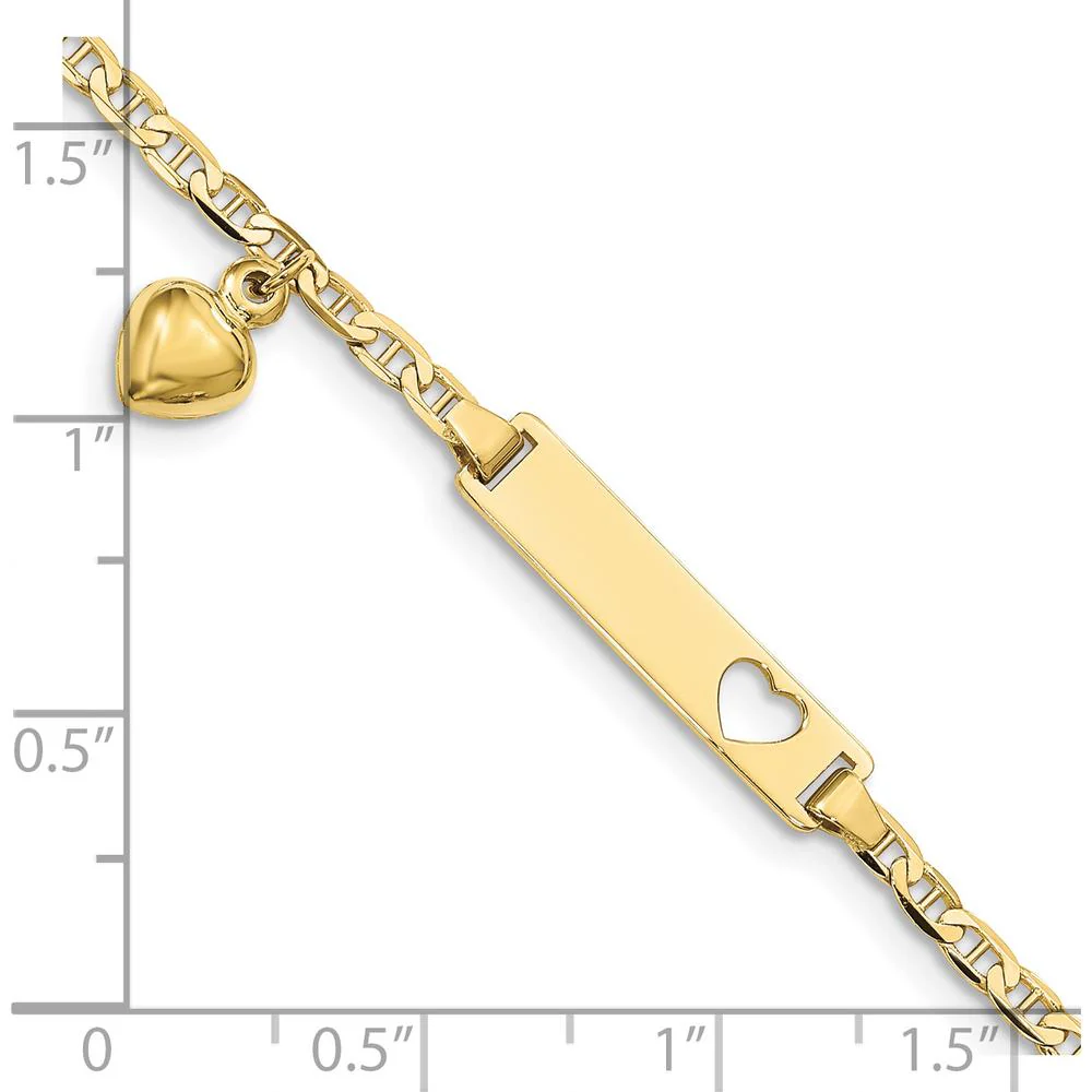 10K Yellow Gold Flat Anchor Link ID Bracelet with Heart Charm - Personalized, 6" Length by Oro Pregiato - Image 3