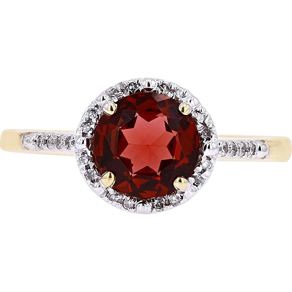 10K Yellow Gold Halo Garnet Ring with 0.15 Carat Total Diamond Weight