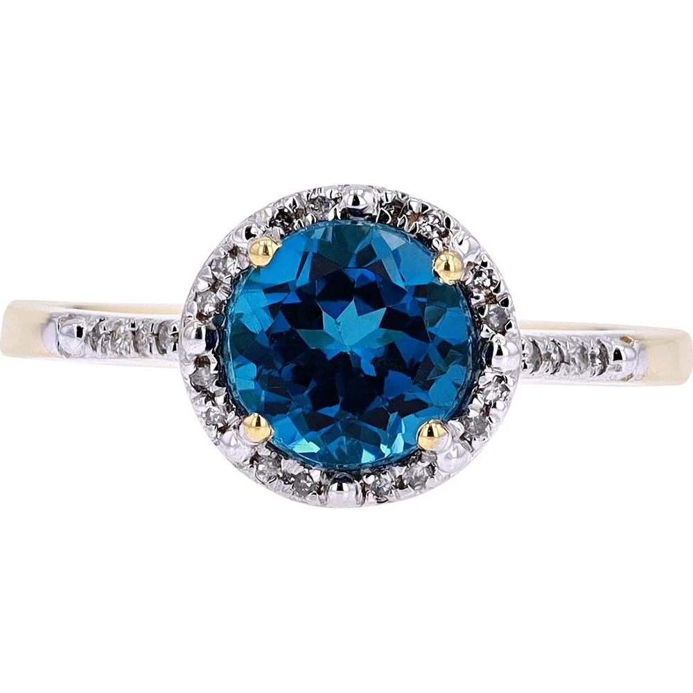 10K Yellow Gold Halo Ring with 1.50 Carat London Blue Topaz and 0.15 Carat Diamond Accents
