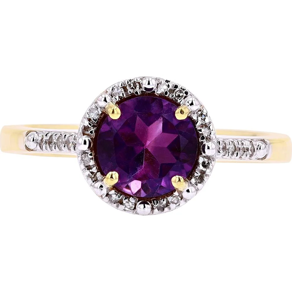 10K Yellow Gold Halo Ring with Round Amethyst Center Stone and 0.15 Carat Total Diamond Halo