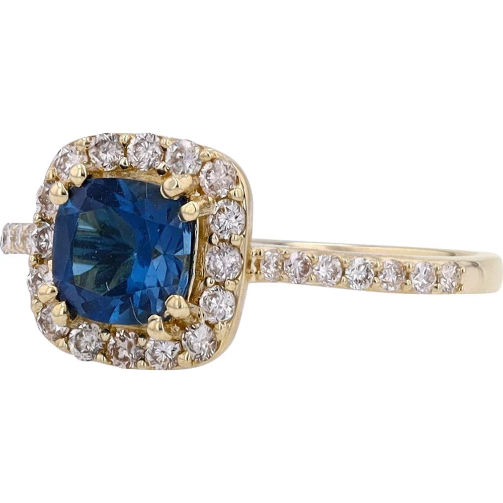 10K Yellow Gold London Blue Topaz Ring with 0.35 Carat Diamond Halo - Cushion Cut Gemstone - Image 2