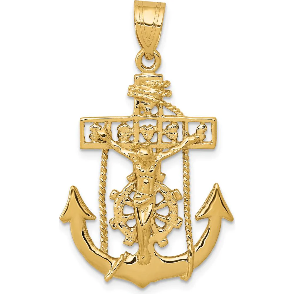10K Yellow Gold Mariners Cross Pendant - Polished Finish, 36.41mm Length by Oro Pregiato