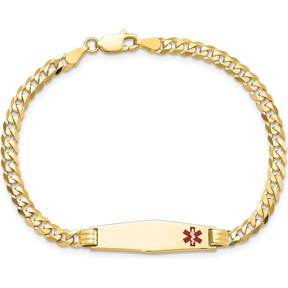 10K Yellow Gold Medical Soft Diamond Shape Red Enamel Curb Link ID Bracelet with Engraving Option by Oro Pregiato - Image 4