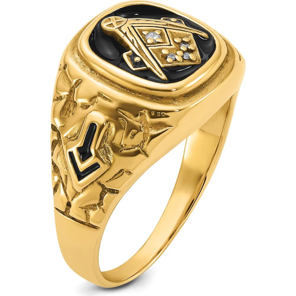 10K Yellow Gold Men's Polished and Antiqued Masonic Ring with Round Diamonds - 0.04 Carat Total Diamond Weight by IBGoodman - Image 6
