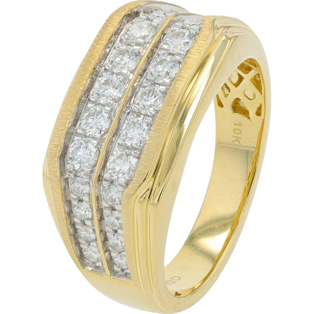 10K Yellow Gold Men's Ring with 1.00 Carat Total Round Diamonds - Dual Row Design
