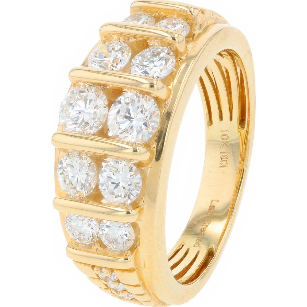 10K Yellow Gold Men's Ring with 2.00 Carat Total Lab Grown Round Diamonds - Bar Set