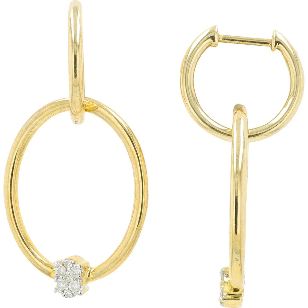 10K Yellow Gold Oval Hoop Dangle Earrings with 0.10 Carat Total Diamond Weight - Image 2