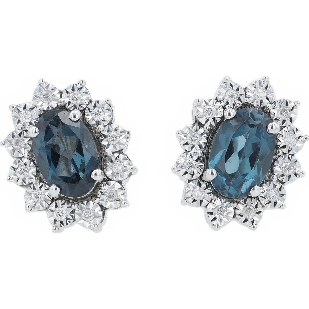 10K Yellow Gold Oval London Blue Topaz Stud Earrings with White Diamond Halo - 0.06 Carat Total Diamond Weight
