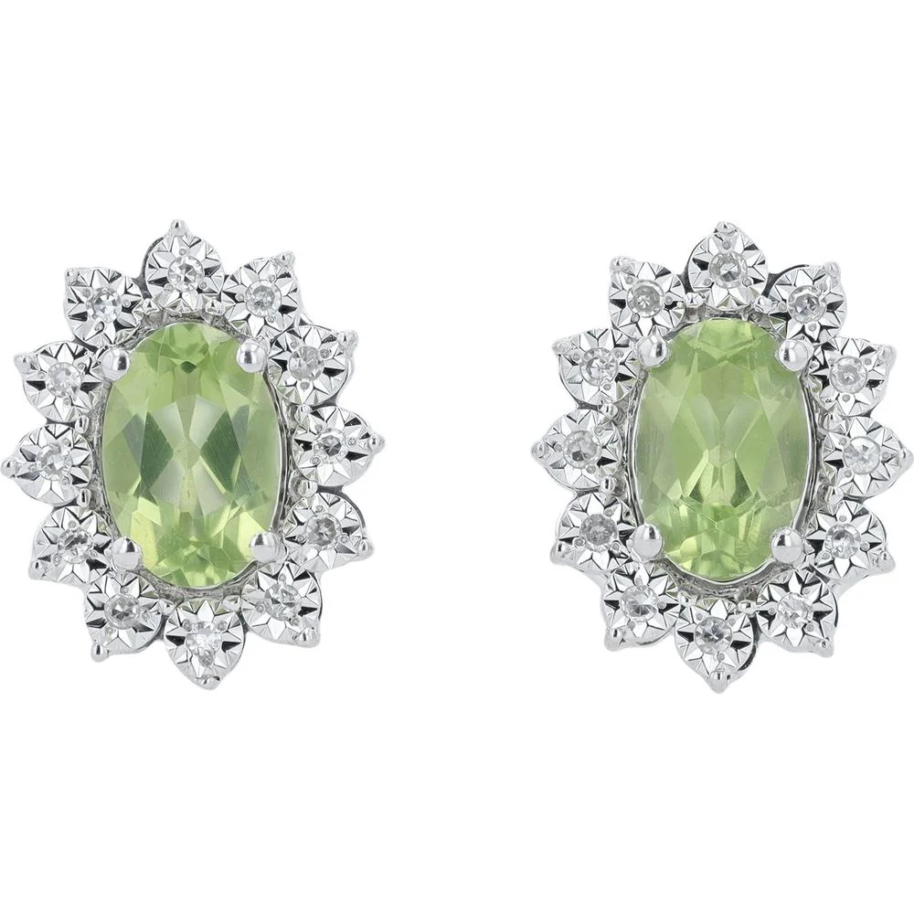 10K Yellow Gold Oval Peridot Stud Earrings with 0.06 Carat Diamond Halo