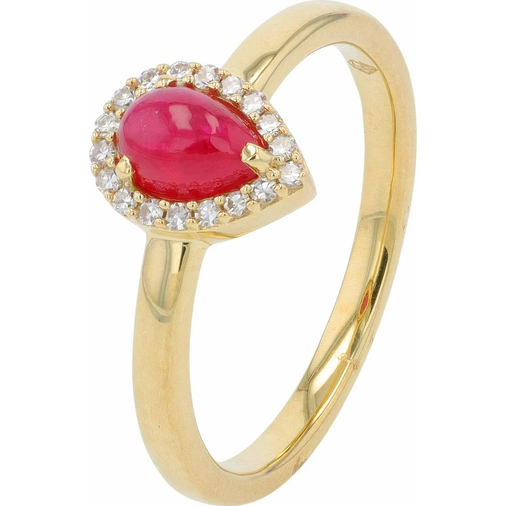 10K Yellow Gold Pear Shape 0.70 Carat Cabochon Ruby Ring with 0.07 Carat Diamond Halo