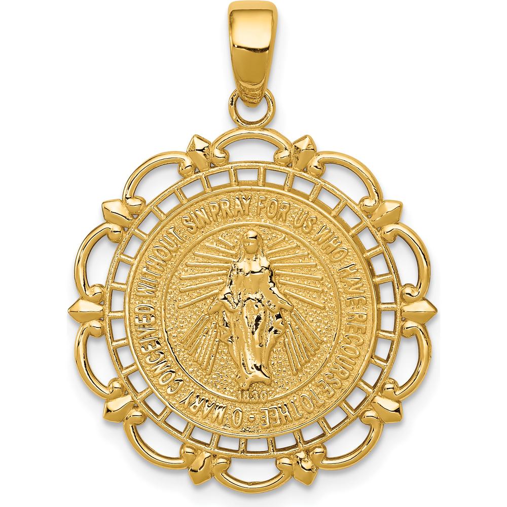 10K Yellow Gold Polished Miraculous Medal with Scallop Frame Pendant - 30.3mm Length by Oro Pregiato