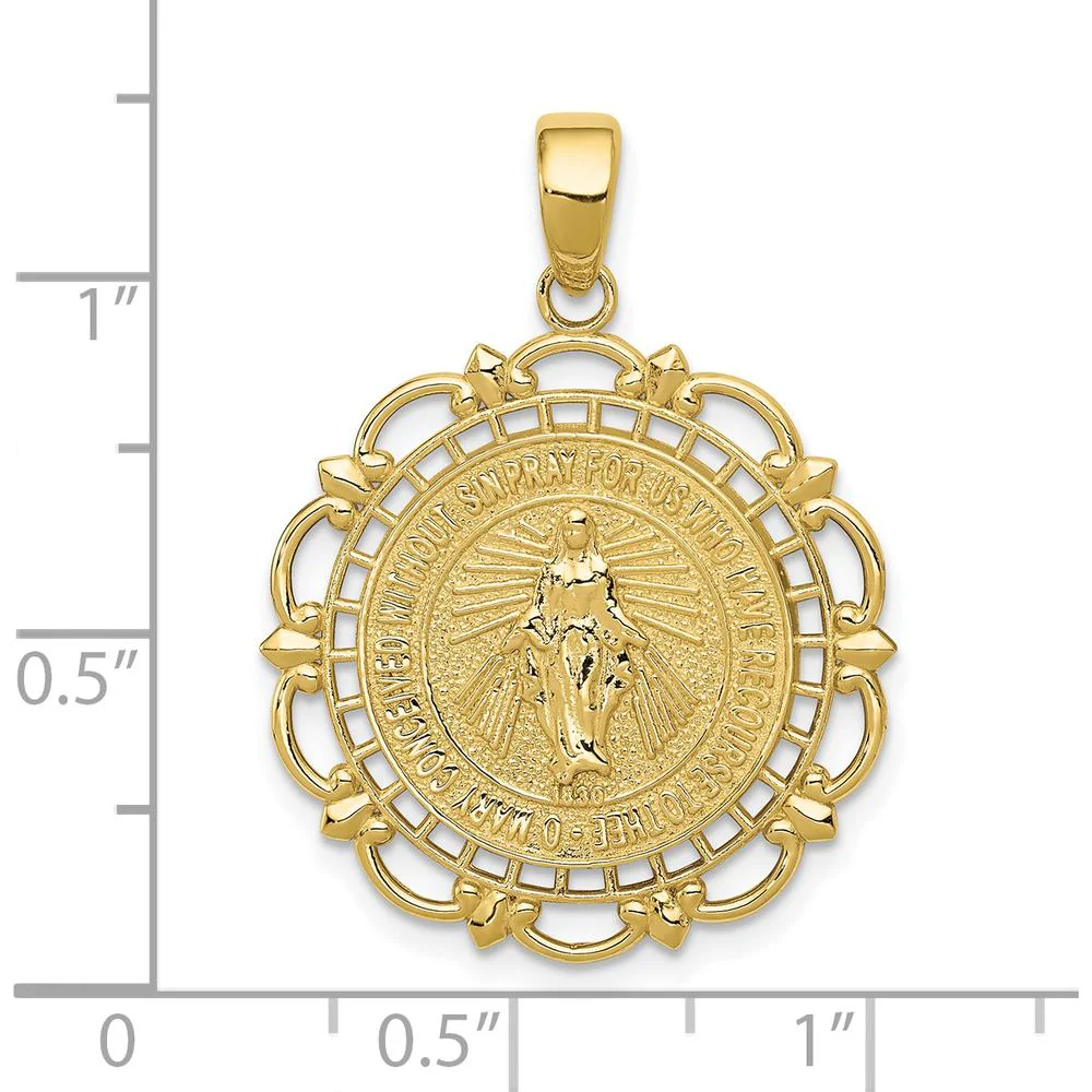 10K Yellow Gold Polished Miraculous Medal with Scallop Frame Pendant - 30.3mm Length by Oro Pregiato - Image 3