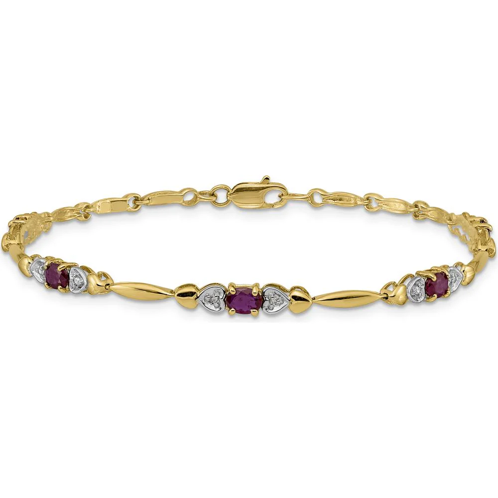 10K Yellow Gold Ruby and Diamond Tennis Bracelet with 5 Oval Rubies and 2 Round Diamonds - 0.22 Carats Total Ruby Weight, 0.01 Carats Total Diamond Weight by Monteluci Fine Jewelry - Image 3