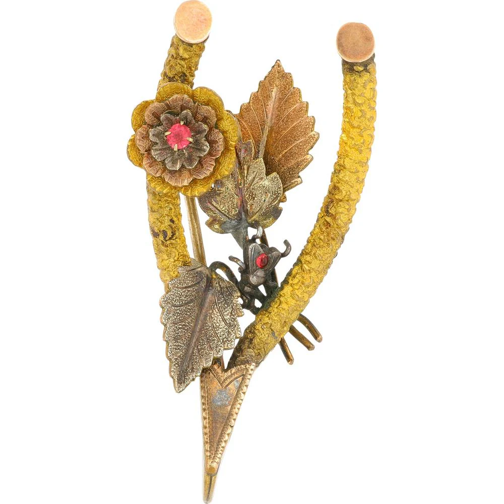 10K Yellow Gold Ruby Flower Wishbone Cameo Brooch - C. 1910