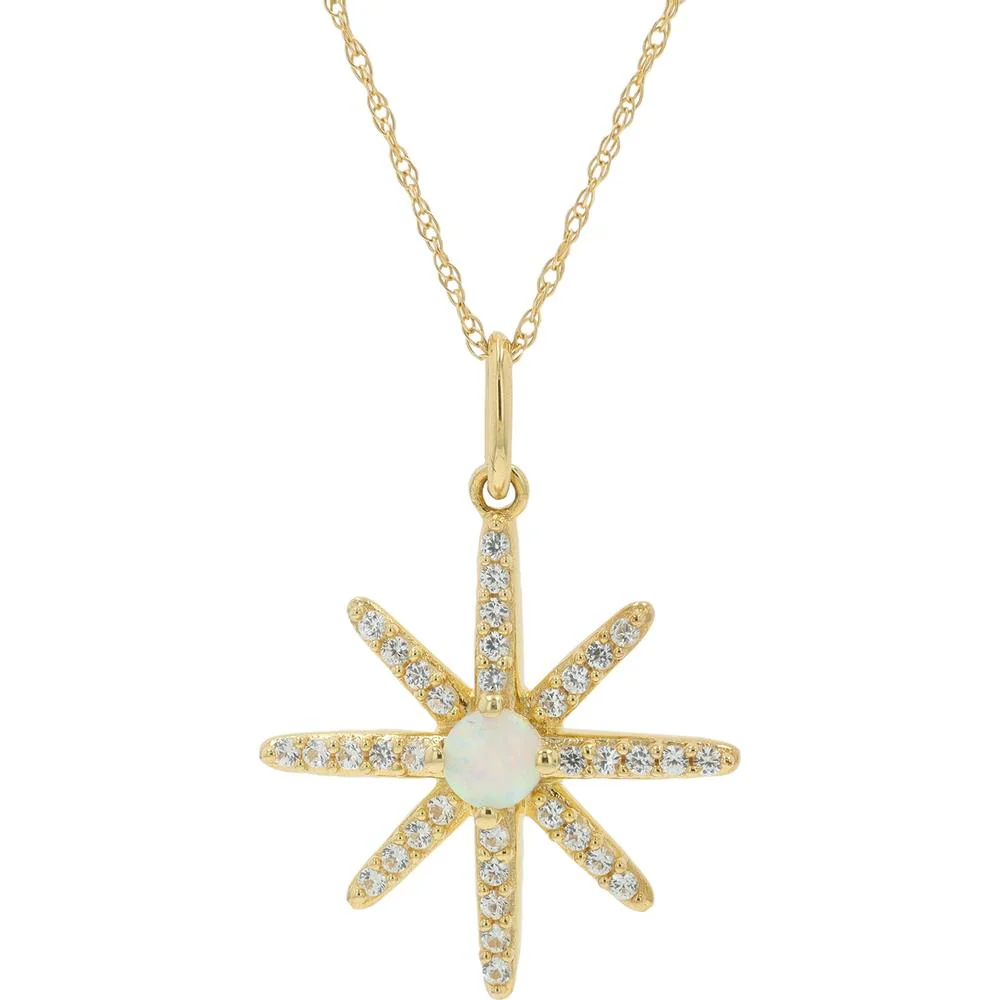 10K Yellow Gold Starburst Necklace with Created Opal Center and Prong Set Created Sapphires - 0.75 Carat Total Gemstone Weight