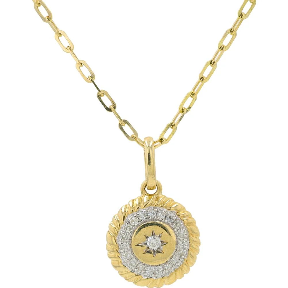 10K Yellow Gold Starburst Pendant with 0.08 Carat Round Diamond - Rope Edge Detail
