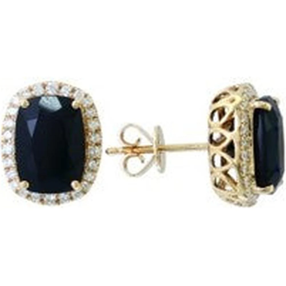 14K EFFY Yellow Gold Cushion - Shape Black Onyx Diamond Halo Stud Earrings with Round Diamonds - 4.60 Carat Total Black Onyx Weight, 0.31 Carat Total Diamond Weight