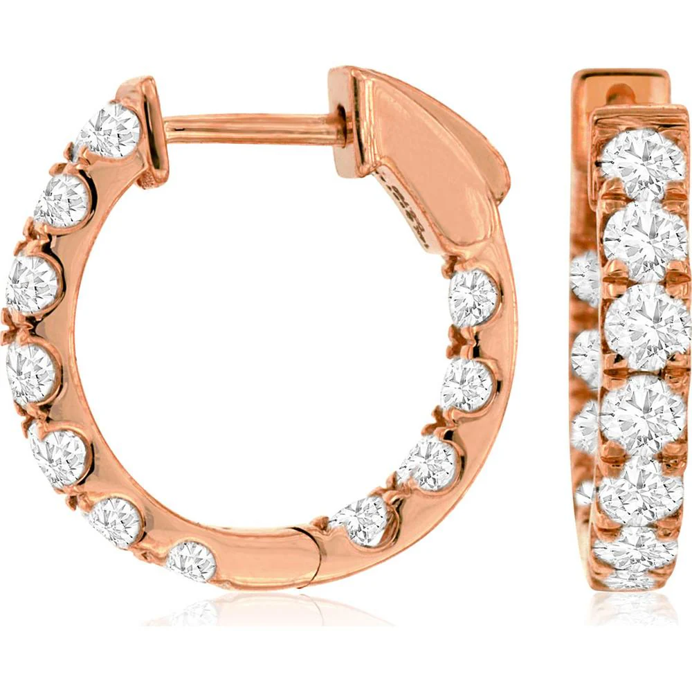 14K Rose Gold 16mm Hoop Earrings with Round Cut Diamonds - 1.50 Carats Total Diamond Weight - Royal Jewelry