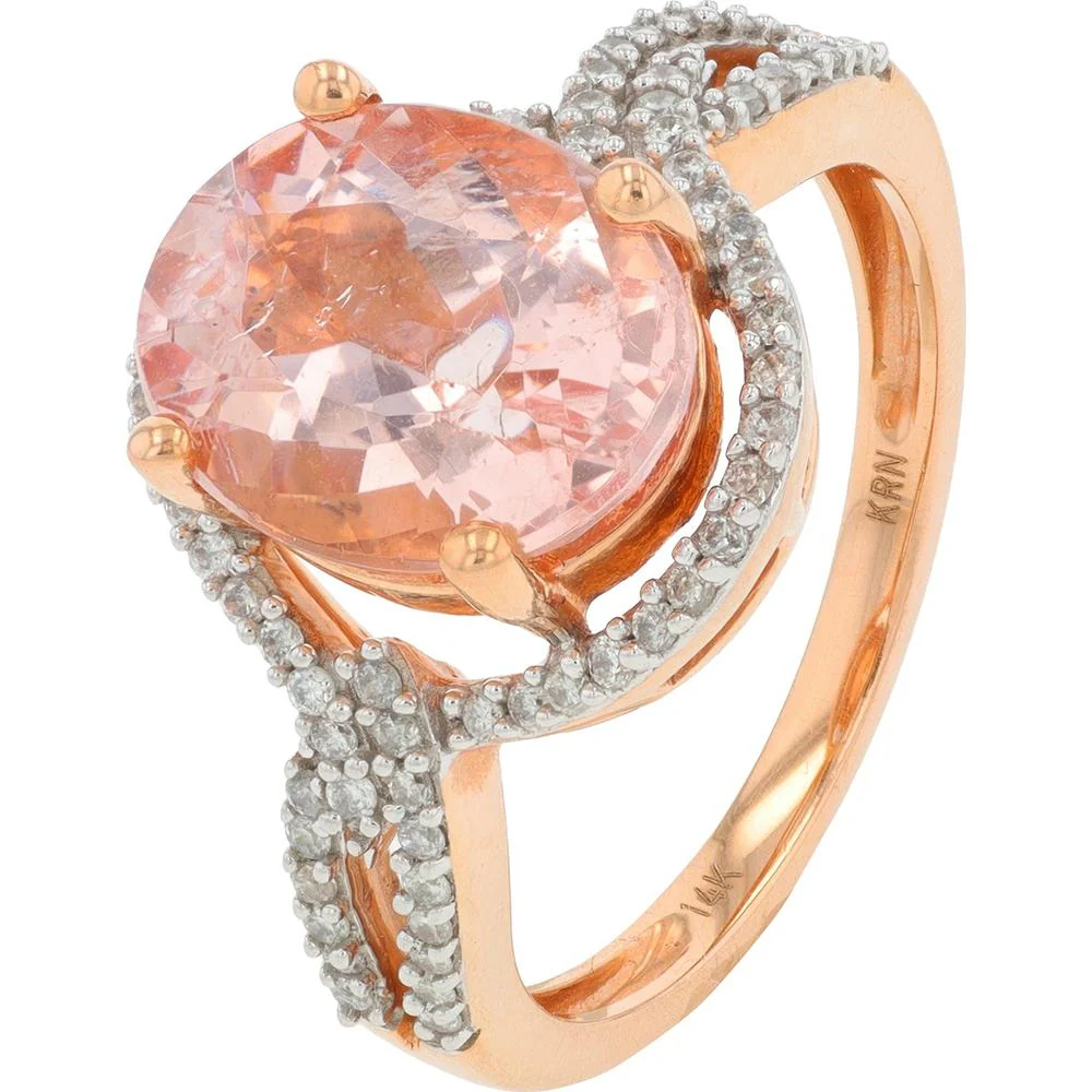 14K Rose Gold 2.50 Carat Oval Morganite Ring with 0.25 Carat Diamond Halo