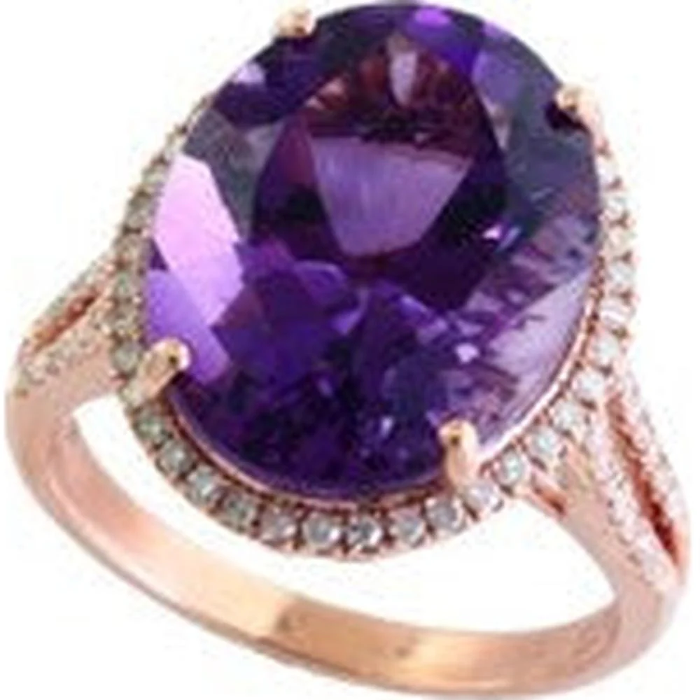 14K Rose Gold 9.30 Carat Oval Amethyst Ring with 0.37 Carat Diamond Halo