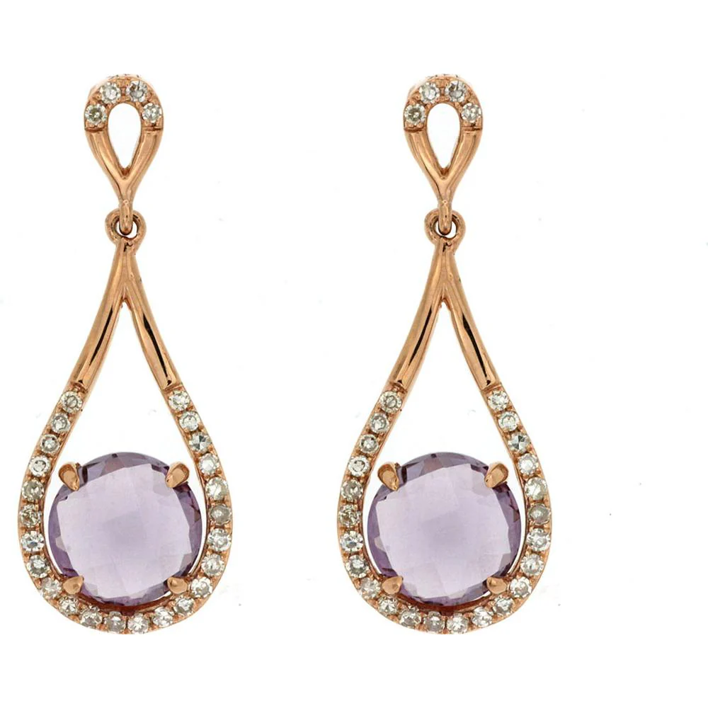 14K Rose Gold Amethyst and Diamond Drop Earrings - 1.92 Carats Total Gem Weight - Royal Jewelry