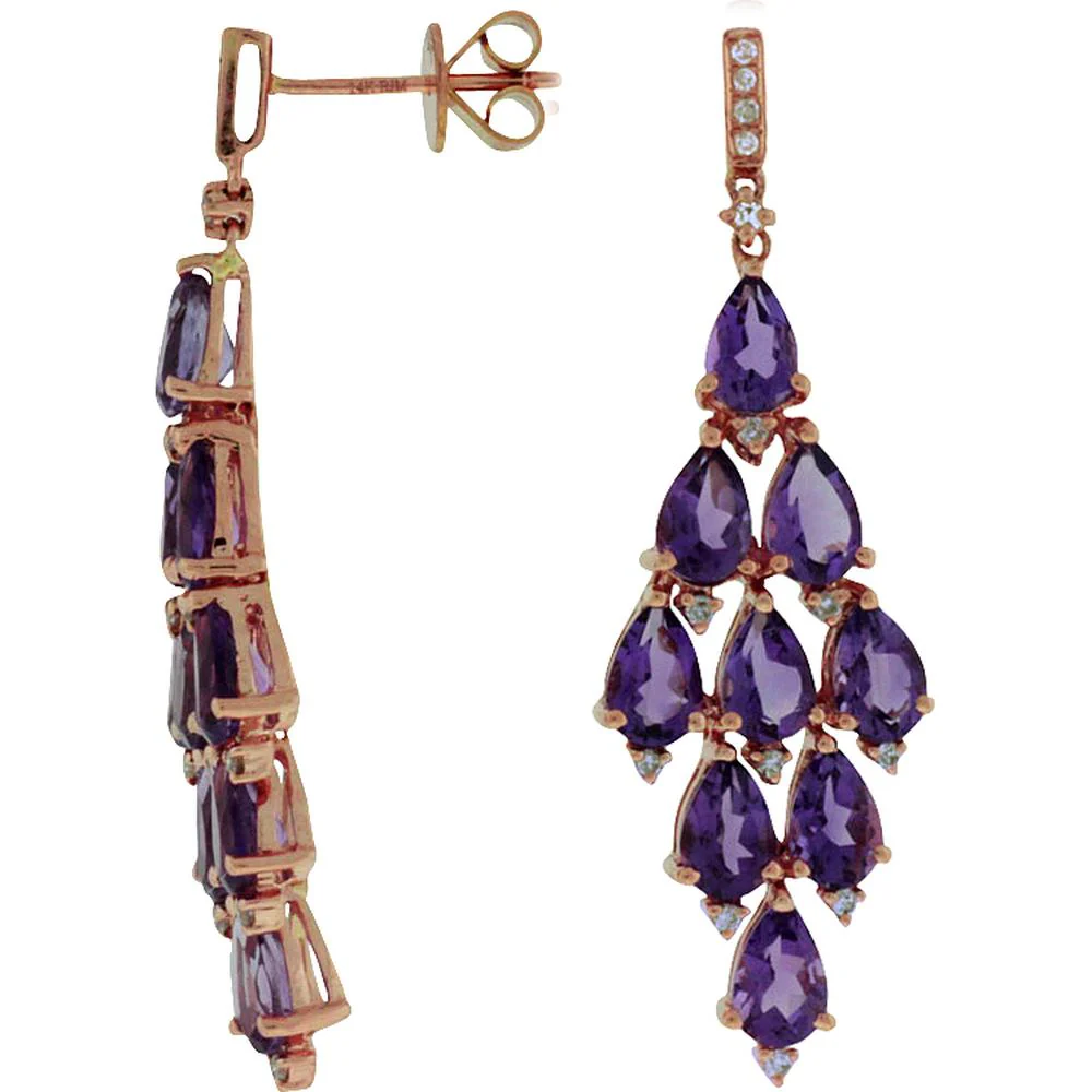 14K Rose Gold Amethyst & Diamond Drop Earrings - 6.50 Carats Total Amethyst Weight, 0.22 Carats Total Diamond Weight - Royal Jewelry