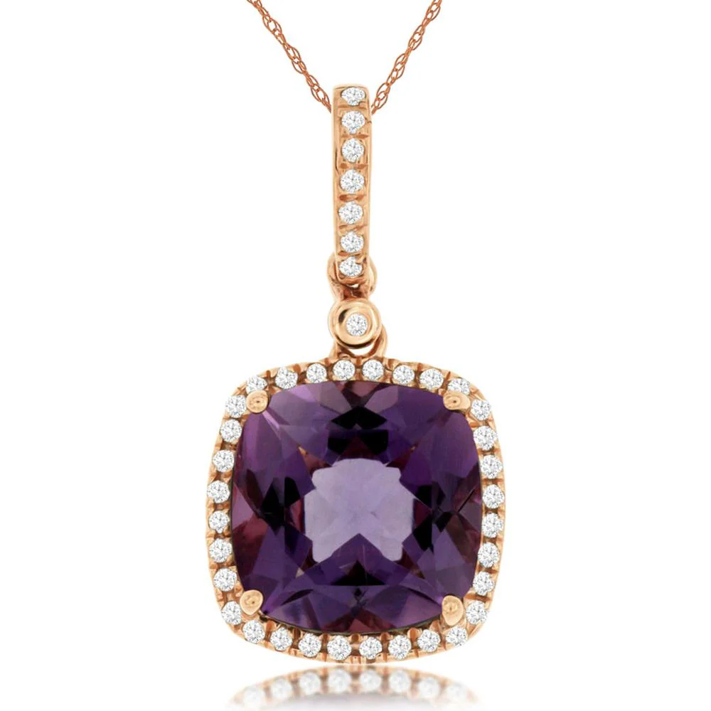 14K Rose Gold Amethyst & Diamond Halo Pendant with Cushion Cut Center Stone - 3.60 Carat Total Amethyst Weight, 0.16 Carat Total Diamond Weight - Royal Jewelry