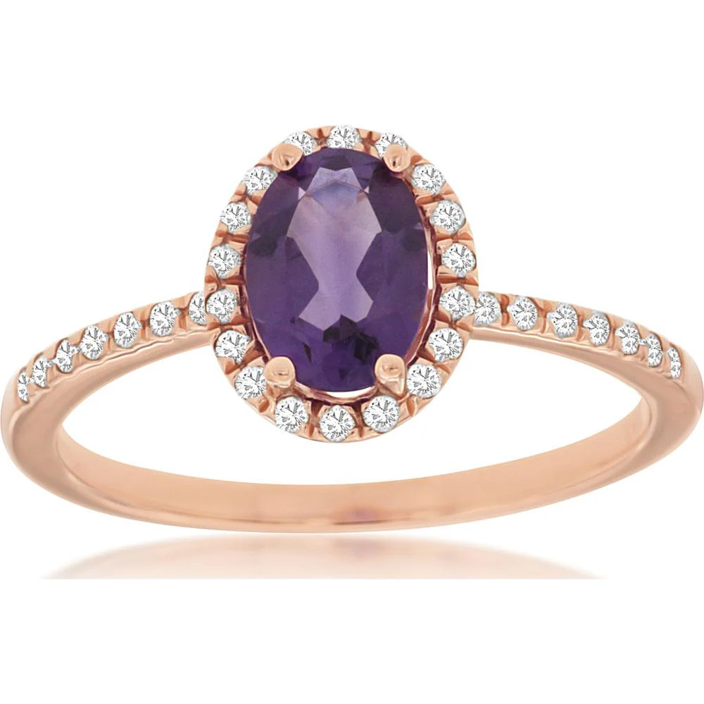 14K Rose Gold Amethyst & Diamond Halo Ring - 0.70 Carats Amethyst, 0.17 Carats Total Diamond Weight - Royal Jewelry