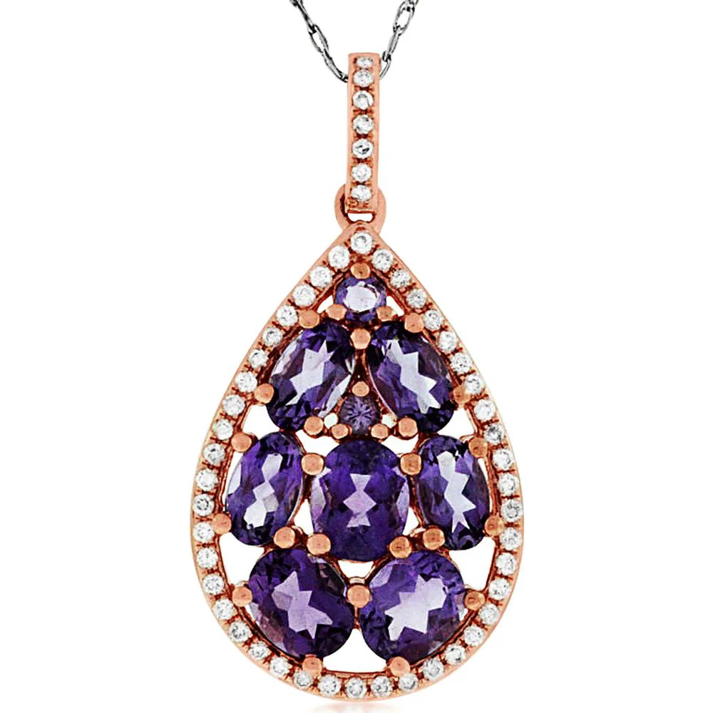 14K Rose Gold Amethyst and Diamond Teardrop Pendant - 2.30 Carats Total Gem Weight - Royal Jewelry