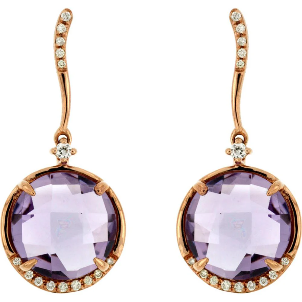 14K Rose Gold Amethyst Drop Earrings with Diamond Halo - 6.50 Carats Amethyst and 0.12 Carats Total Diamond Weight - Royal Jewelry