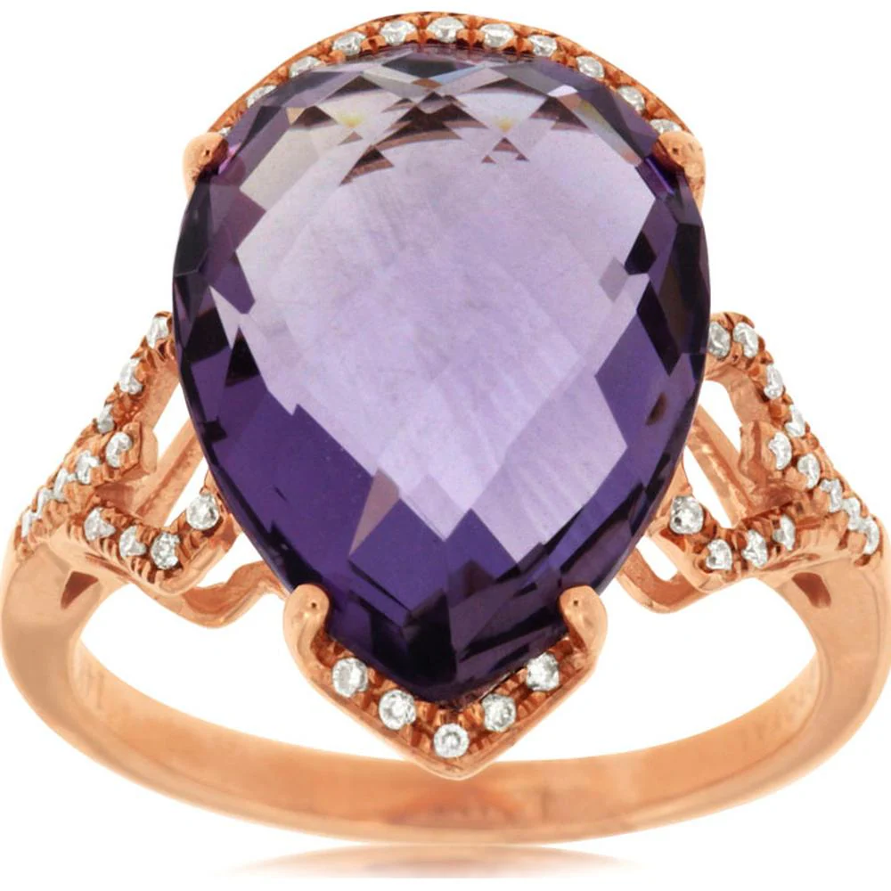 14K Rose Gold Amethyst Pear Shape Ring with Diamond Accent - 8.83 Carats Total Gem Weight - Royal Jewelry