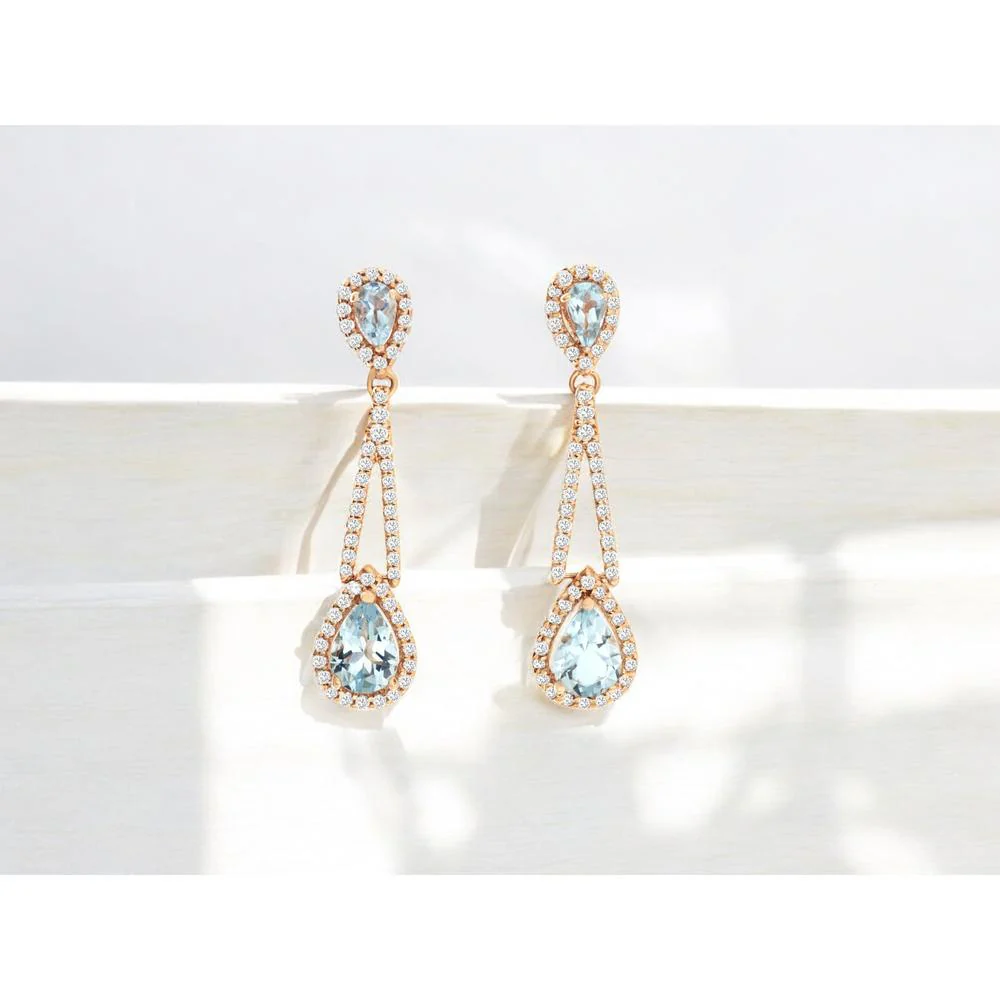 14K Rose Gold Aquamarine & Diamond Drop Earrings - 1.40 Carats Aquamarine, 0.66 Carats Total Diamond Weight - Royal Jewelry - Image 2