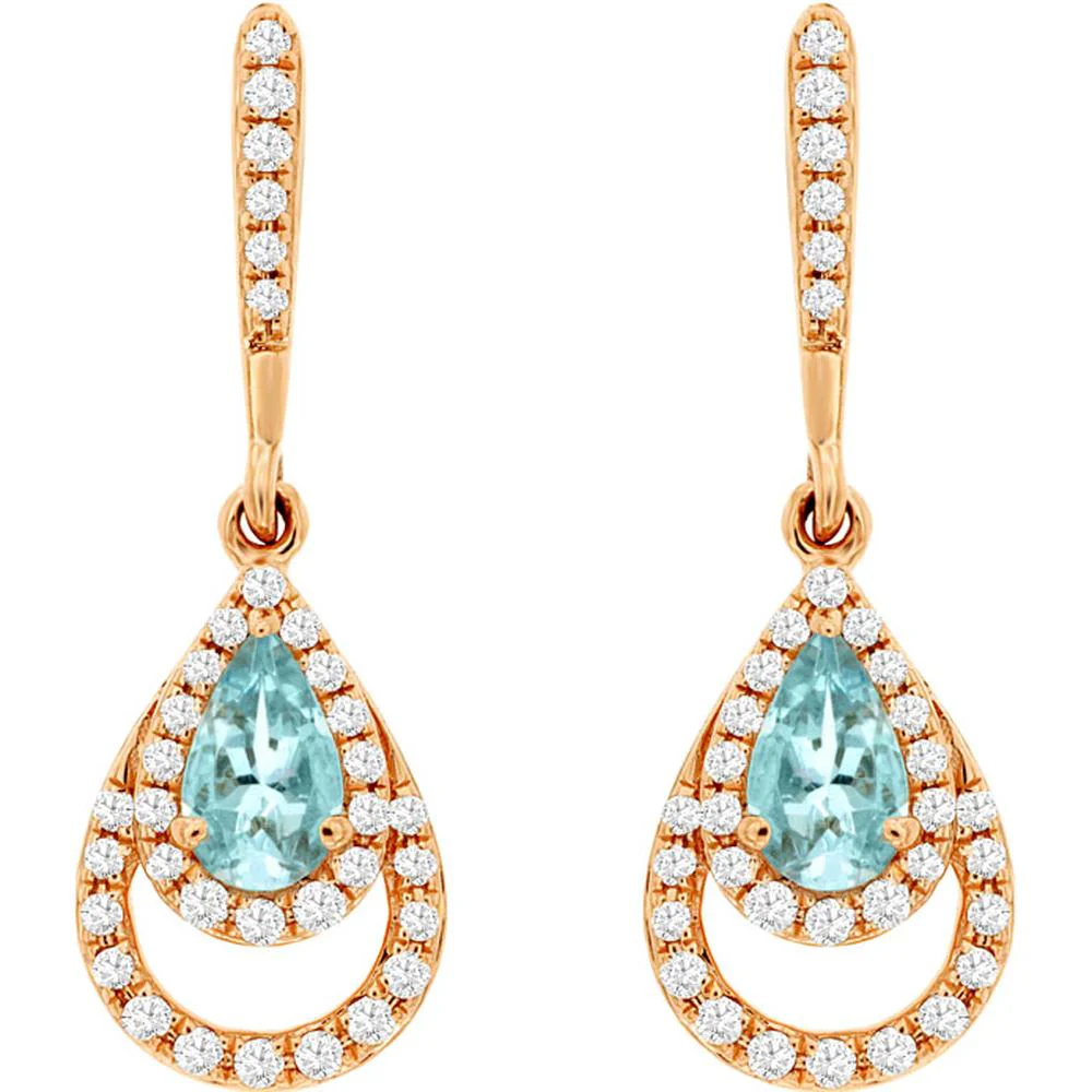14K Rose Gold Aquamarine & Diamond Drop Earrings with Pear-Shaped Aquamarine and Diamond Halo - 0.52 Carats Total Aquamarine Weight, 0.20 Carats Total Diamond Weight - Royal Jewelry