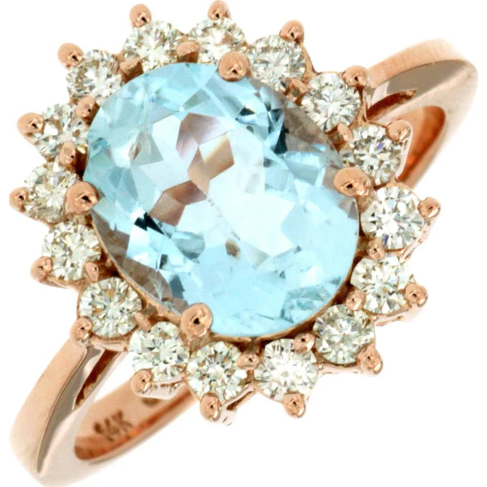 14K Rose Gold Aquamarine & Diamond Halo Ring - 2.65 Carats Total Gemstone Weight - Royal Jewelry