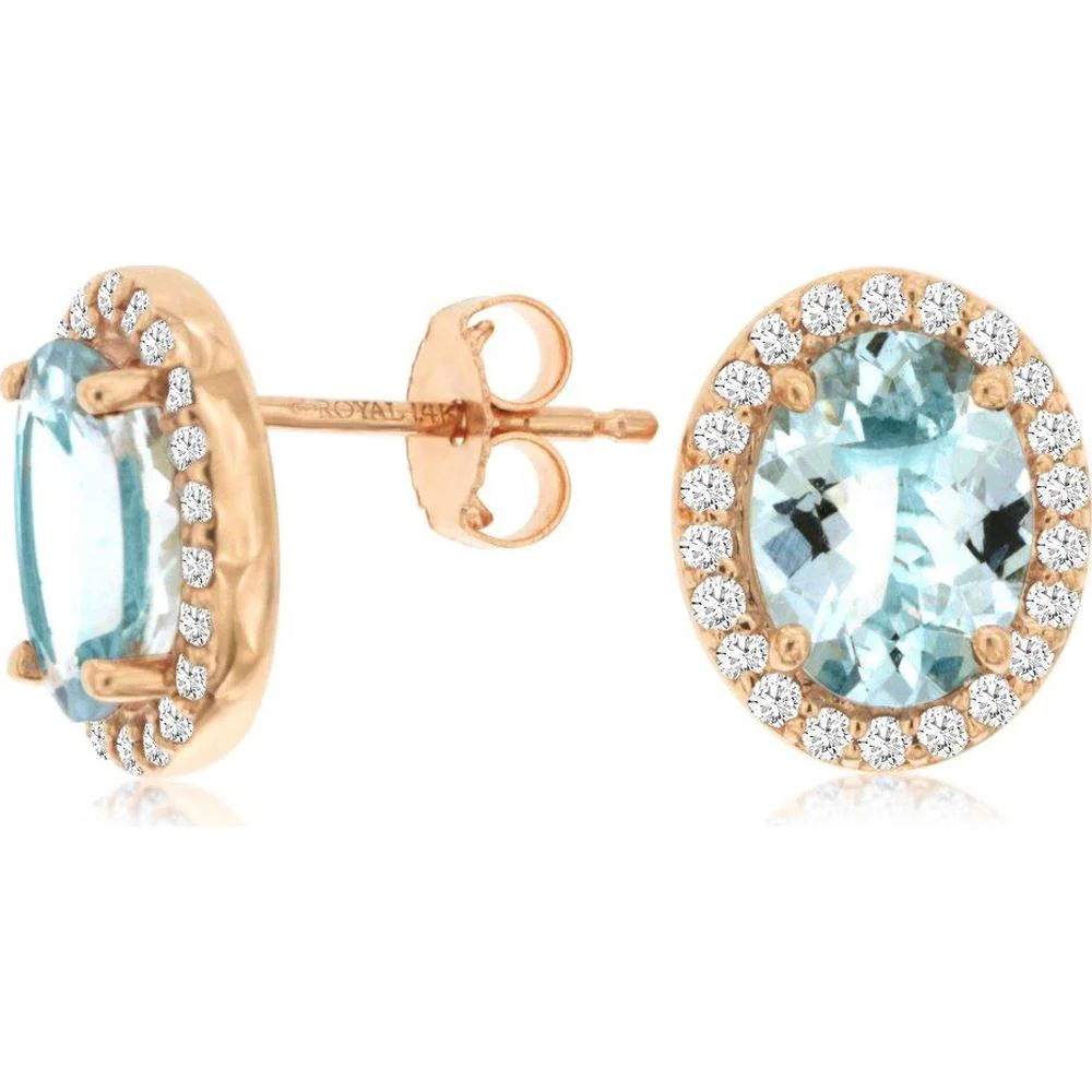 14K Rose Gold Aquamarine & Diamond Halo Stud Earrings - 2.2 Carats Total Aquamarine Weight - Royal Jewelry