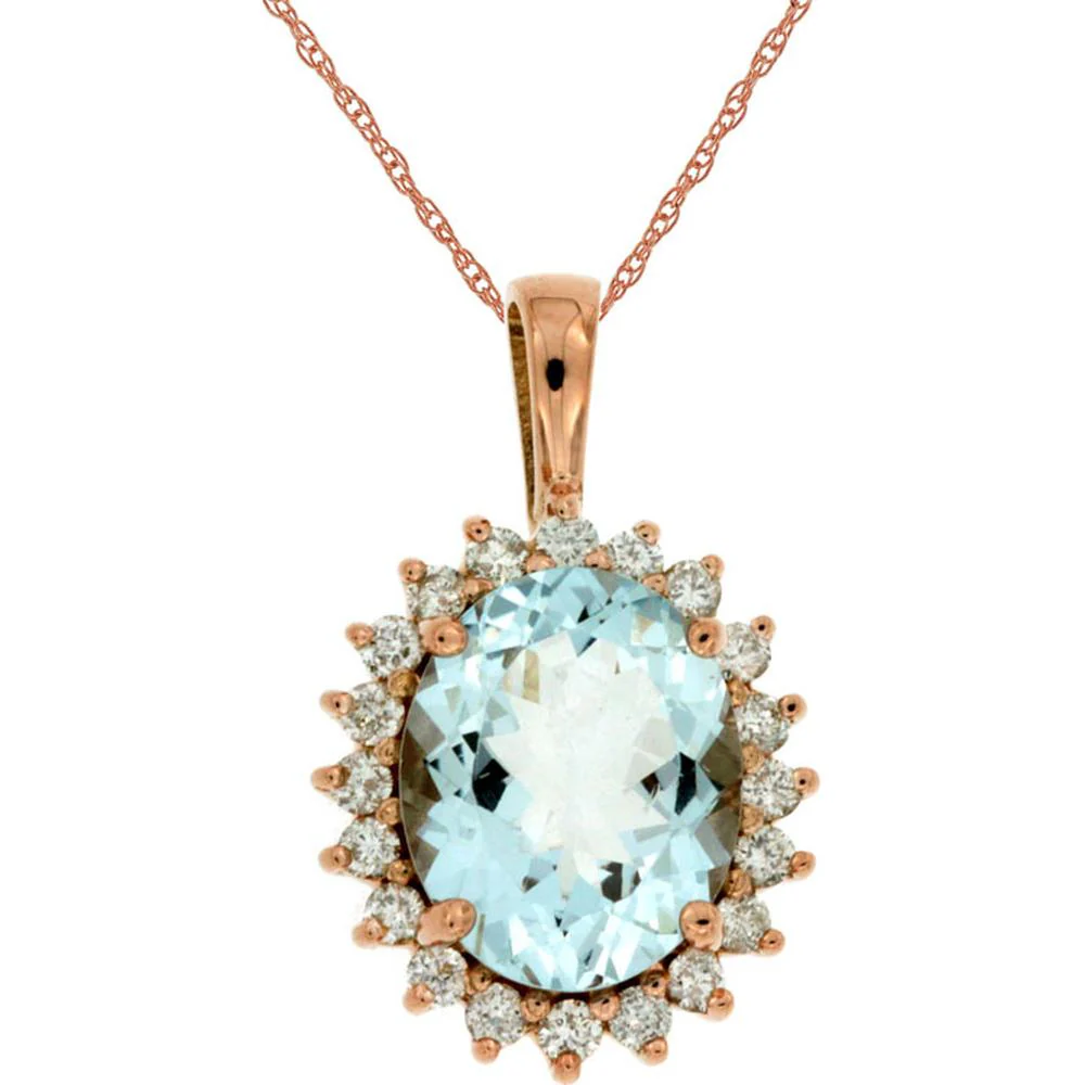14K Rose Gold Aquamarine & Diamond Pendant - 2.36 Carats Total Gemstone Weight - Royal Jewelry